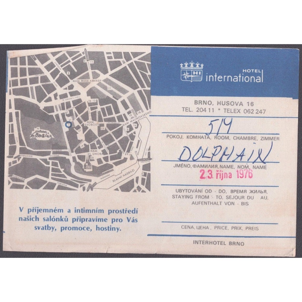 Vintage 1976 Hotel International Brno Czechoslovakia Map Key Sleeve Ephemera